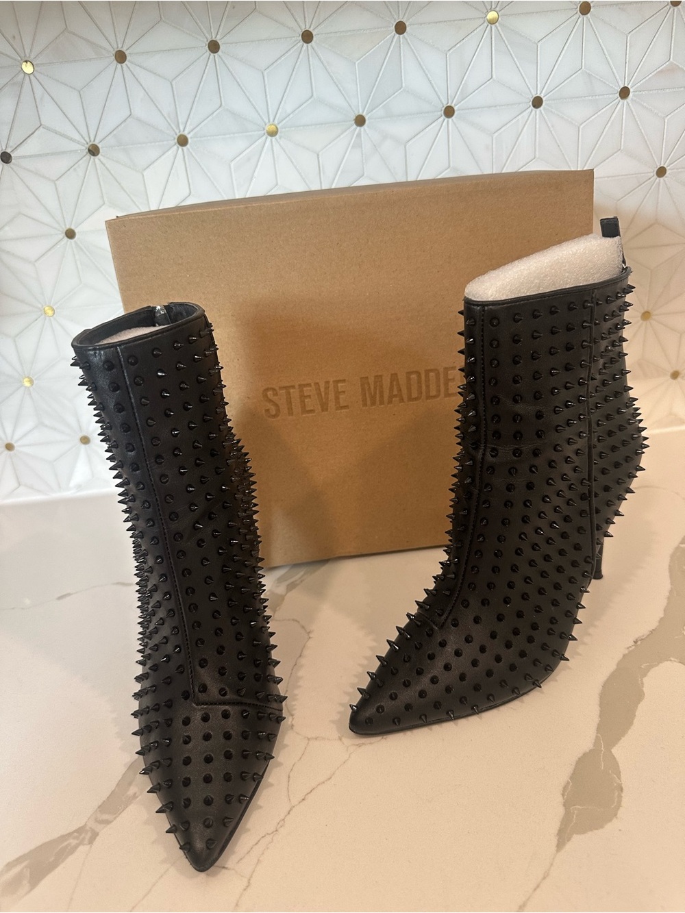 Steve Madden Black Spike-Embellished Pointed Toe Ankle Boots
